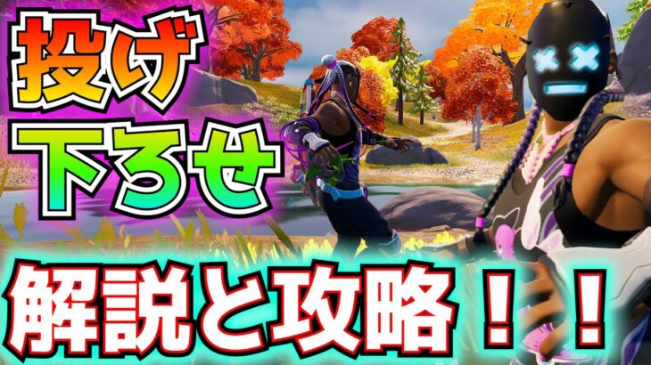 「投げ下ろせ」クエスト　解説と攻略！！(5秒以内に何かを投げる、1位未満でフィニッシュ、足で行動している間にプレイヤーを撃破、投げ下ろした茂みに隠れる、その他)【フォートナイト/Fortnite】