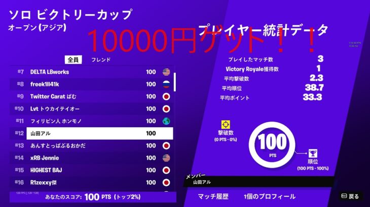 【フォートナイト/Fortnite】ソロキャッシュカップでビクロイして100$ゲットしました！